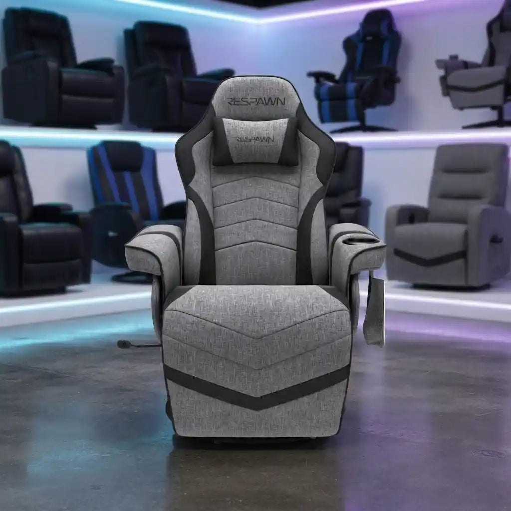 900 Gaming Recliner Gray Fabric With Adjustable Leg Rest Cupholder And Footrest For Console Gamers
