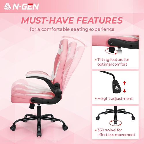 Pink Ergonomic Gaming Chair With Adjustable Lumbar Support PU Leather Flip Up Armrests