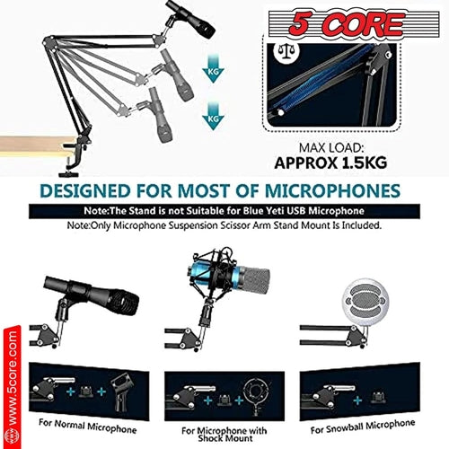 5Core Microphone Stand Suspension Desk Scissor Boom Arm With Shock Mount And Pop Filter Bundle For Podcasting