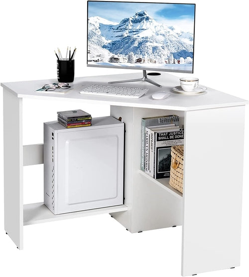 Compact White Corner Desk With Storage Shelves For Home Office