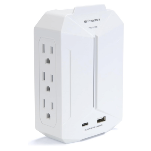 Cargador de pared Emerson con 6 tomacorrientes + USB, protección contra sobretensiones y LED