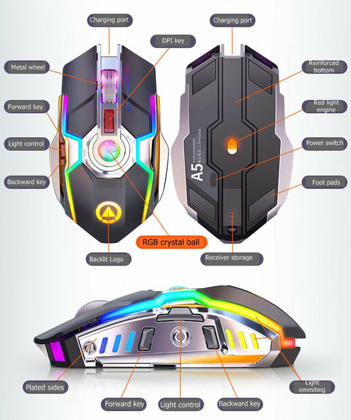 Color Wireless Gaming RGB Rechargeable Mute Button Mouse 7 Keys