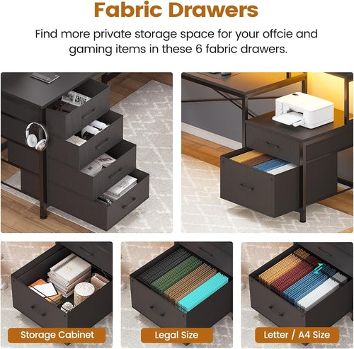 Black L Shaped Desk With Six Drawers And File Cabinet For Home Office Organization