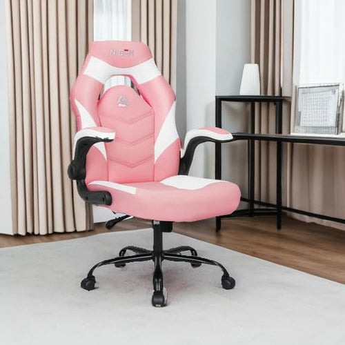 Pink Ergonomic Gaming Chair With Adjustable Lumbar Support PU Leather Flip Up Armrests
