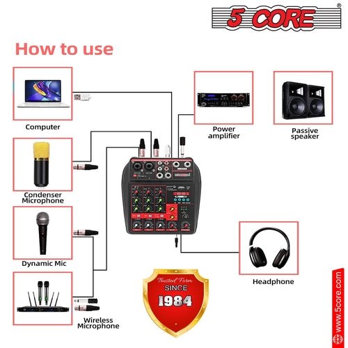 5 Core Audio Mixer 4 Channel DJ Equipment with Bluetooth USB Sound - Crafted Creator