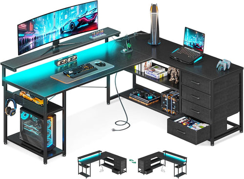 61 Inch L Shaped Gaming Desk With Power Outlets For Home Office And Gaming Setup