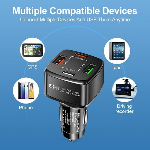 4 Port Car Charger and 4FT - 3 in 1 Nylon Cable Combo - Crafted Creator