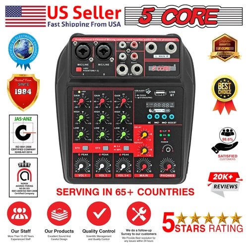 5 Core Audio Mixer 4 Channel DJ Equipment with Bluetooth USB Sound - Crafted Creator