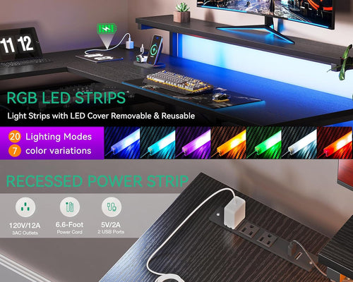 61 Inch L Shaped Gaming Desk With Power Outlets For Home Office And Gaming Setup