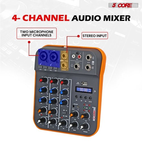 5 Core Audio Mixer 4 Channel DJ Equipment with Bluetooth USB Sound - Crafted Creator