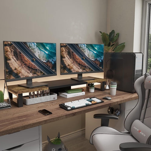 Ergonomic Dual Monitor Stand Riser Made Of Wood And Steel For Two Monitors With Rustic Design
