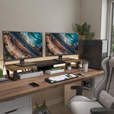 Soporte Ergonómico Doble para Monitor Hecho de Madera y Acero para Dos Monitores con Diseño Rústico