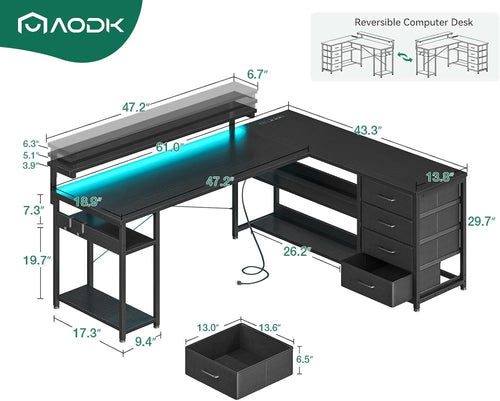 61 Inch L Shaped Gaming Desk With Power Outlets For Home Office And Gaming Setup