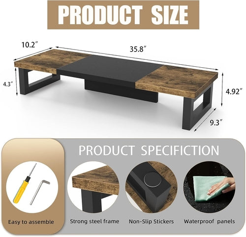 Ergonomic Dual Monitor Stand Riser Made Of Wood And Steel For Two Monitors With Rustic Design