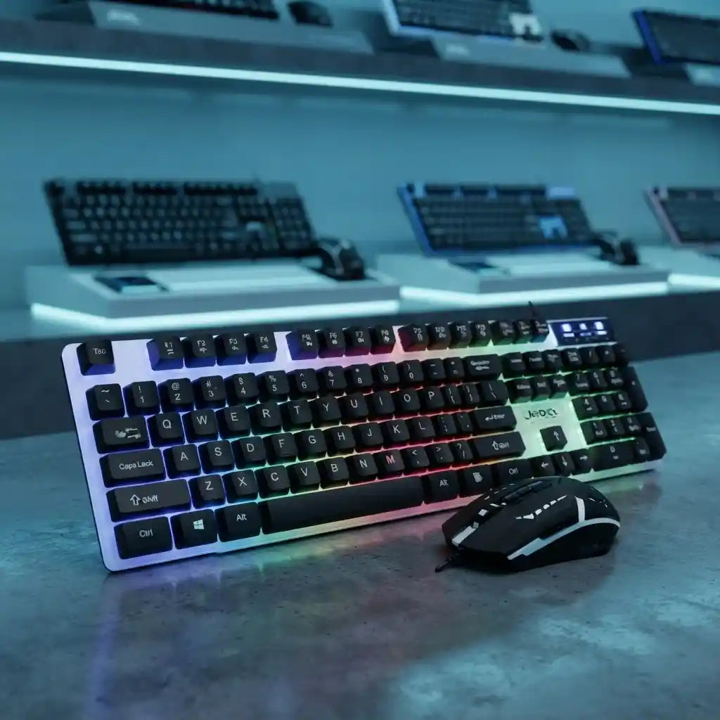 Paquete de teclado y ratón Jedel GK100 blanco para juegos, con cable USB, teclado retroiluminado RGB de 104 teclas con teclas multimedia