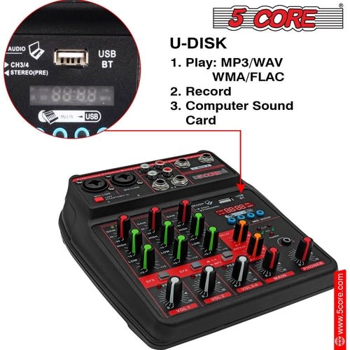 5 Core Audio Mixer 4 Channel DJ Equipment with Bluetooth USB Sound - Crafted Creator
