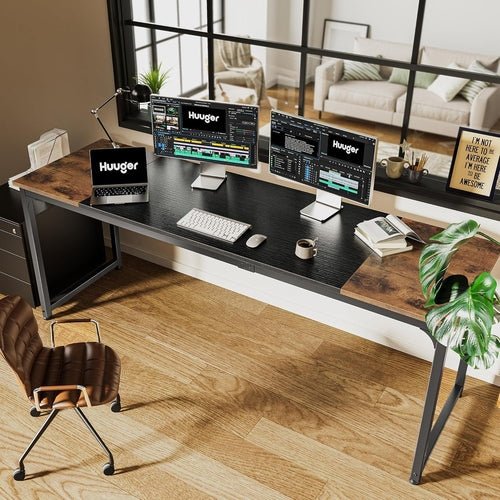 80 Inch Rustic Brown And Black Gaming Desk With Storage - Crafted Creator