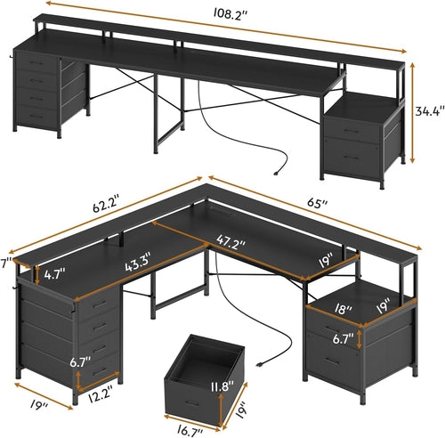 Black L Shaped Desk With Six Drawers And File Cabinet For Home Office Organization
