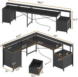 Black L Shaped Desk With Six Drawers And File Cabinet For Home Office Organization