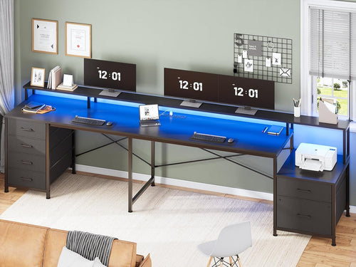 Black L Shaped Desk With Six Drawers And File Cabinet For Home Office Organization