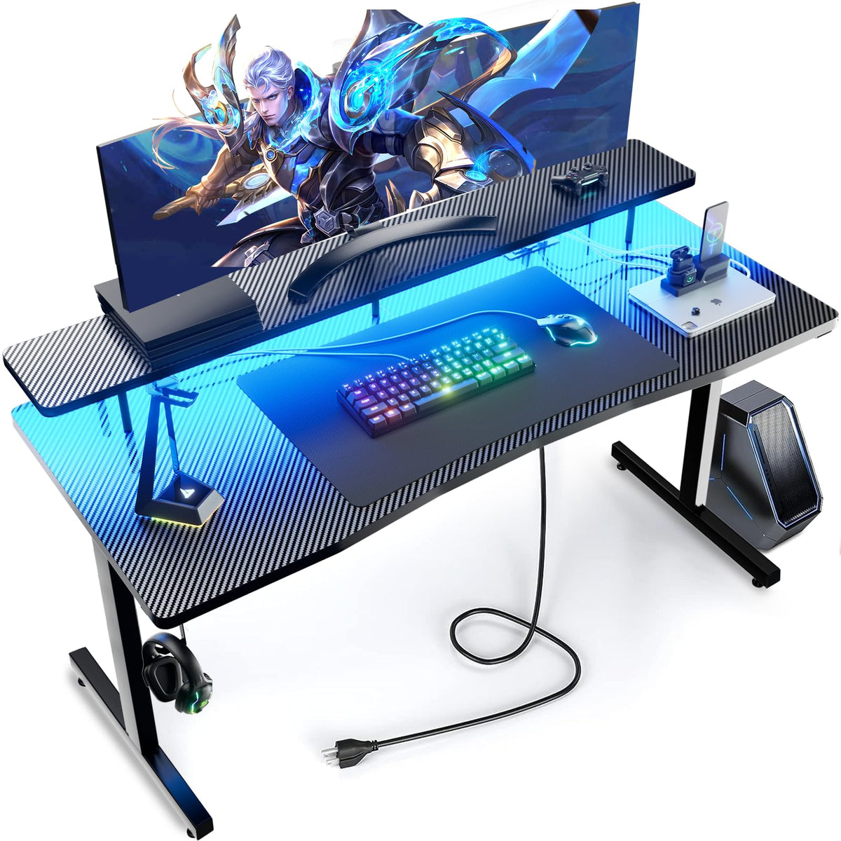 55 Inch Gaming Desk Computer Gamer Desk with Monitor Stand Ergonomic Carbon Fiber Surface Gaming Table with Power Outlet and Mouse Pad for Home Office RGB