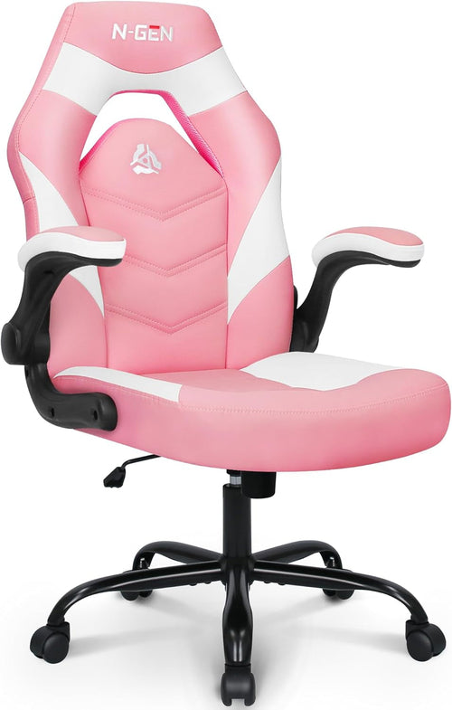 Pink Ergonomic Gaming Chair With Adjustable Lumbar Support PU Leather Flip Up Armrests