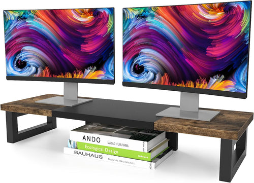 Ergonomic Dual Monitor Stand Riser Made Of Wood And Steel For Two Monitors With Rustic Design