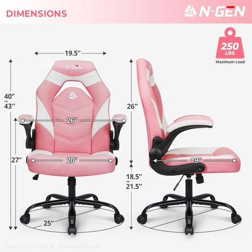Pink Ergonomic Gaming Chair With Adjustable Lumbar Support PU Leather Flip Up Armrests
