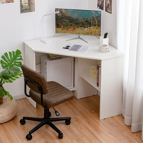 Compact White Corner Desk With Storage Shelves For Home Office