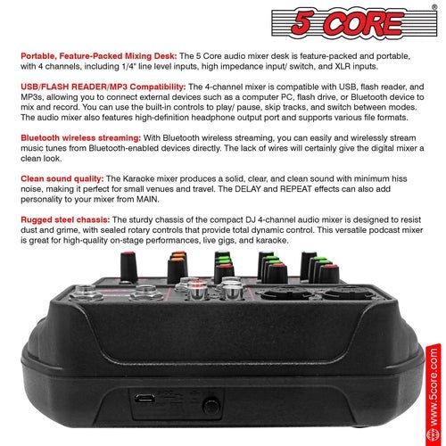 5 Core Audio Mixer 4 Channel DJ Equipment with Bluetooth USB Sound - Crafted Creator