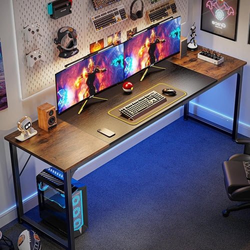 80 Inch Rustic Brown And Black Gaming Desk With Storage - Crafted Creator