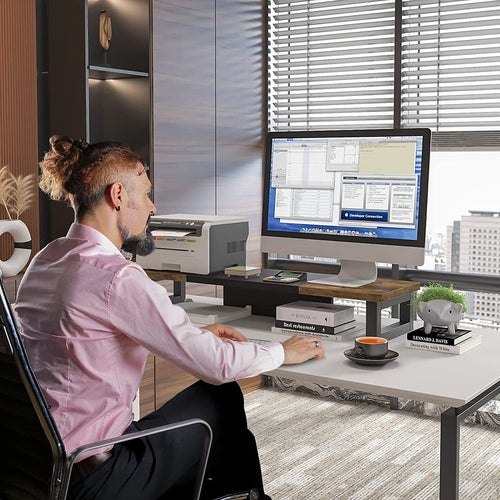 Ergonomic Dual Monitor Stand Riser Made Of Wood And Steel For Two Monitors With Rustic Design