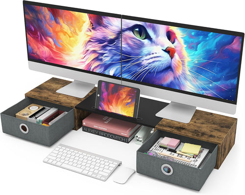 Ergonomic Dual Monitor Stand Riser With Two Drawers For Comfortable Workspace Organization
