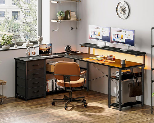 61 Inch L Shaped Gaming Desk With Power Outlets For Home Office And Gaming Setup