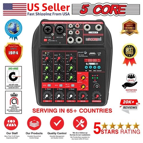 5 Core Audio Mixer 4 Channel DJ Equipment with Bluetooth USB Sound - Crafted Creator