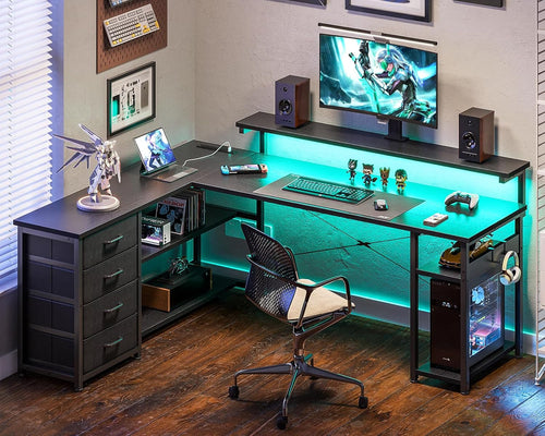61 Inch L Shaped Gaming Desk With Power Outlets For Home Office And Gaming Setup
