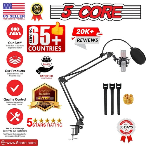5Core Microphone Stand Suspension Desk Scissor Boom Arm With Shock Mount And Pop Filter Bundle For Podcasting