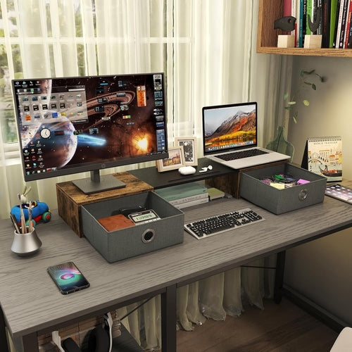 Ergonomic Dual Monitor Stand Riser With Two Drawers For Comfortable Workspace Organization