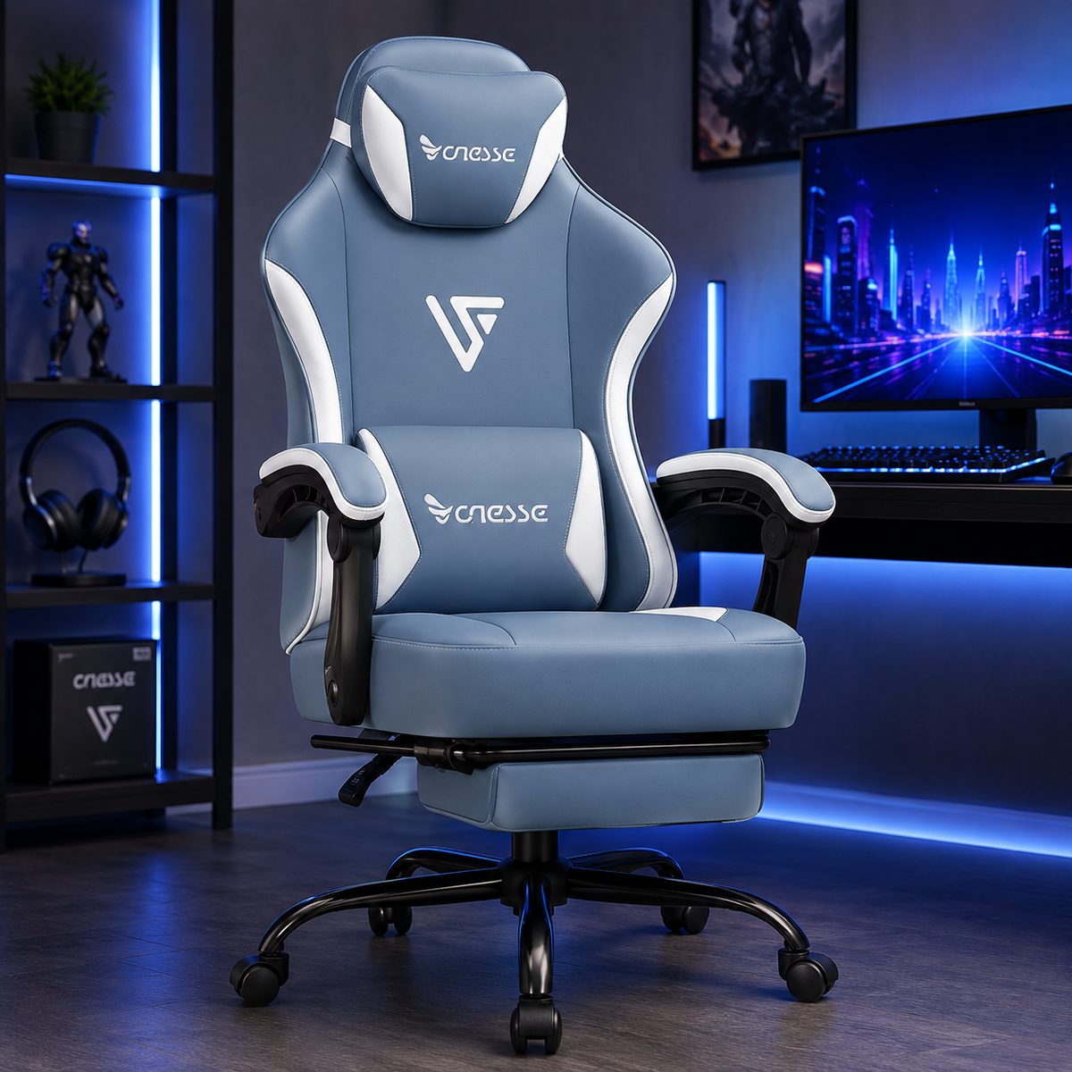Gaming Chair Computer Chair Fabric with Pocket Spring Cushion Office Chair with Footrest and Massage Lumbar Support Reclining Gaming Chairs for Adults 250LBS (Blue)