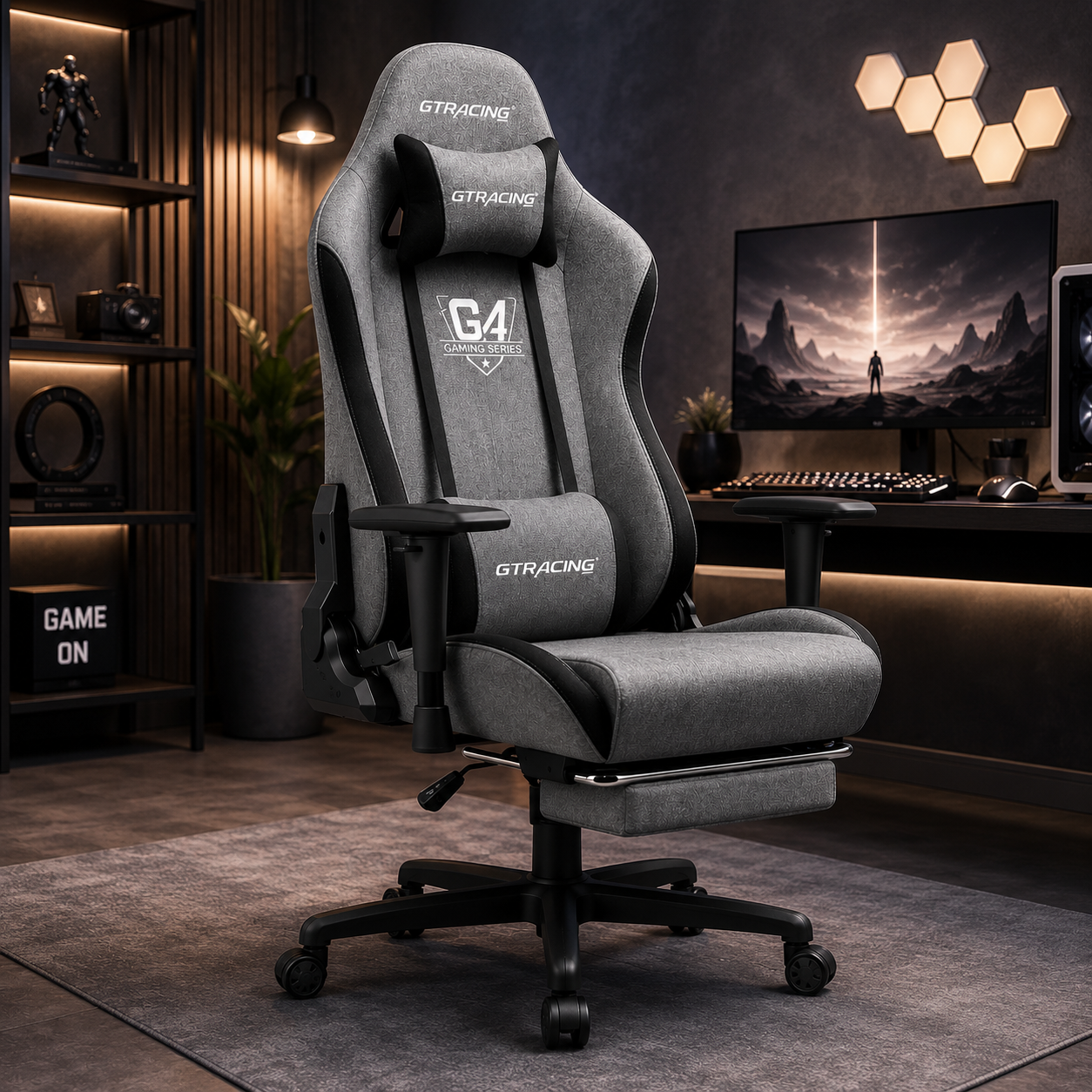Gaming Chair with Footrest Fabric Breathable Big and Tall Ergonomic Computer Chair 350 lbs with Adjustable Lumbar Support and Recliner，High Back Game Chair for Office Gaming Grey