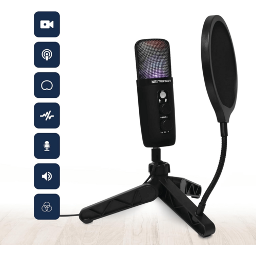 Emerson USB Gaming And Streaming Condenser Microphone With LED Lighting And Noise Canceling Technology
