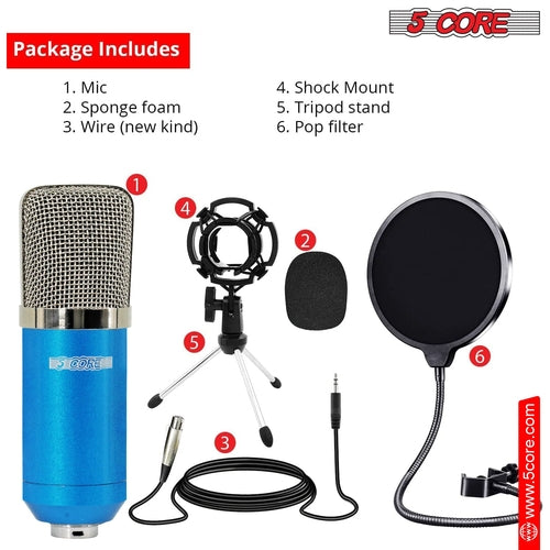 5Core All In One Podcast Microphone Bundle Professional Condenser Large Diaphragm With Pop Filter Shock Mount Tripod