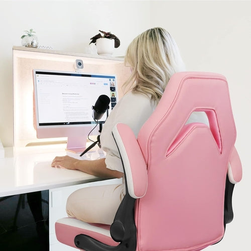 Pink Ergonomic Gaming Chair With Adjustable Lumbar Support PU Leather Flip Up Armrests