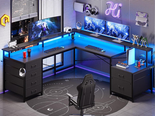 Black L Shaped Desk With Six Drawers And File Cabinet For Home Office Organization