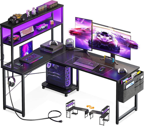 L Shaped Gaming Desk With LED Lights And Power Outlets