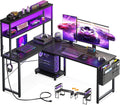 L Shaped Gaming Desk With LED Lights And Power Outlets
