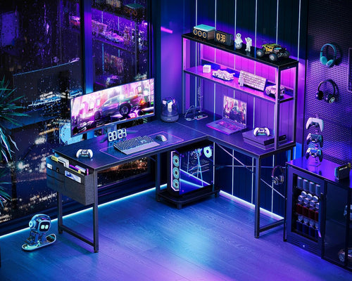 L Shaped Gaming Desk With LED Lights And Power Outlets