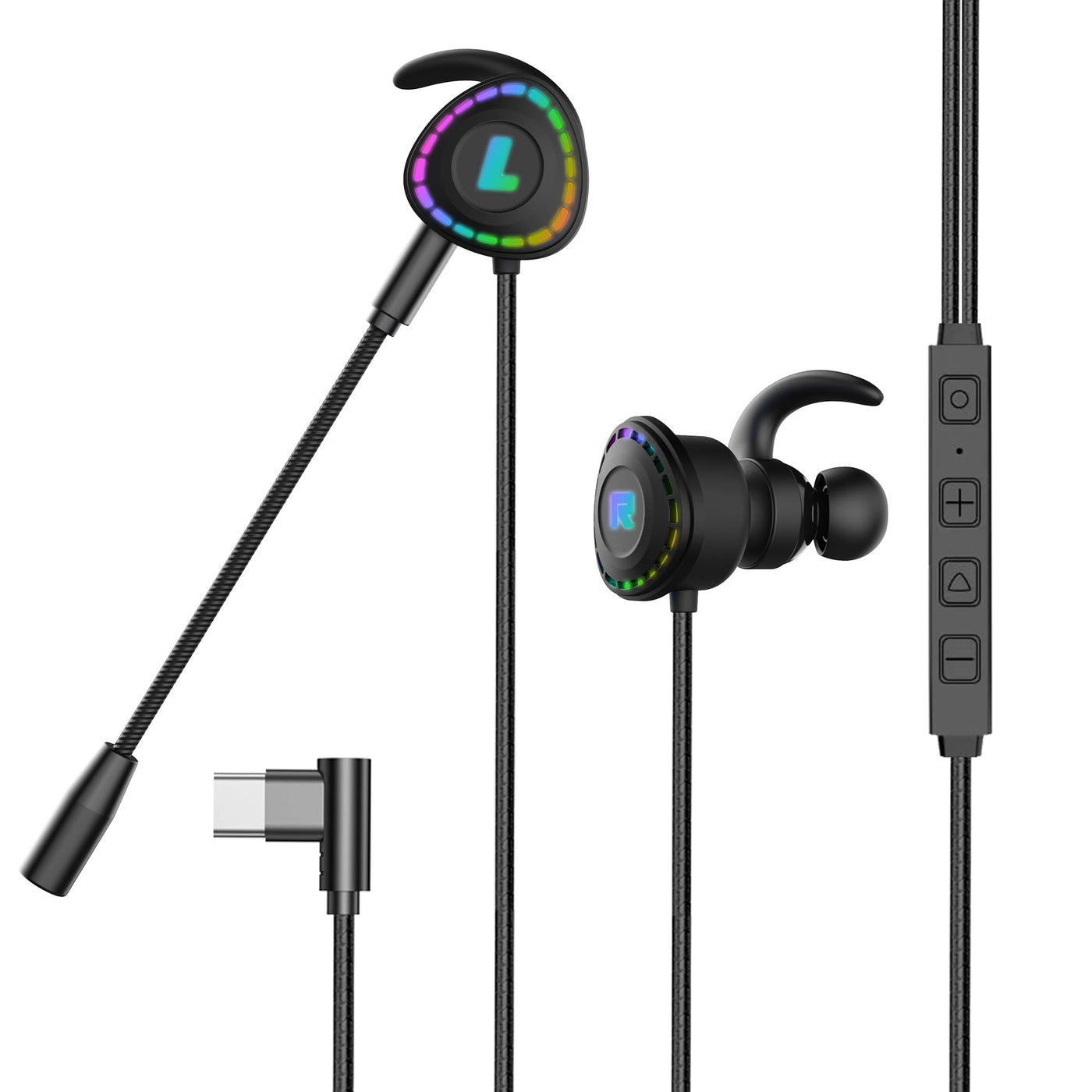 USB-C in-Ear Gaming HeadsetType-C Gaming Earbuds Wired E-Sport Earphone Noise Cancelling Stereo Bass Gaming Headphone with Adjustable Mic and RGB Light for iPhone 15 Pro Max Pixel 8 7 6
