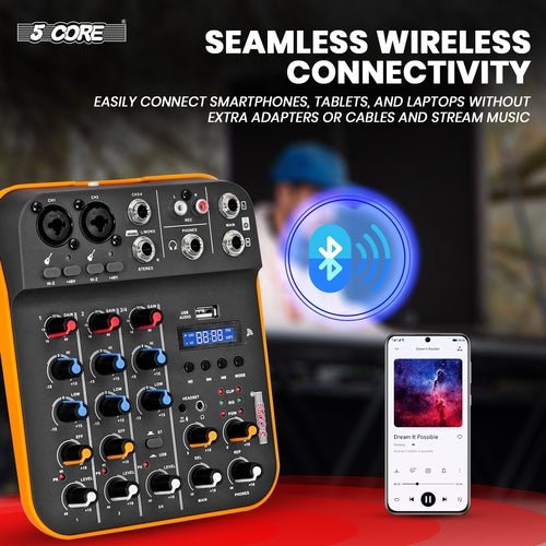 5 Core Audio Mixer 4 Channel DJ Equipment with Bluetooth USB Sound - Crafted Creator