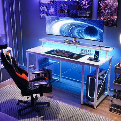 48 Inch LED Gaming Desk With Power Outlets Monitor Stand